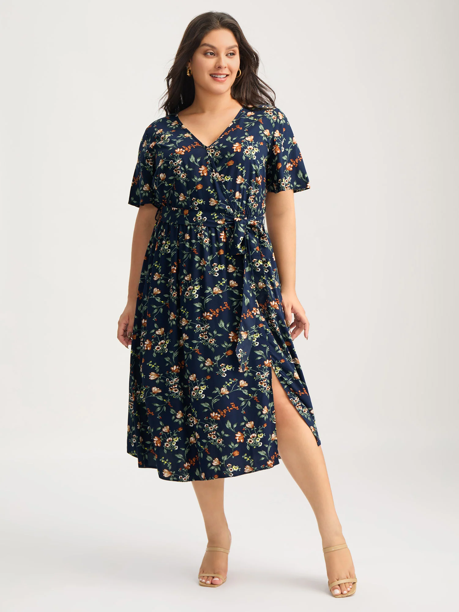 Rayon Floral Side-Tie Stretchy Midi Dress