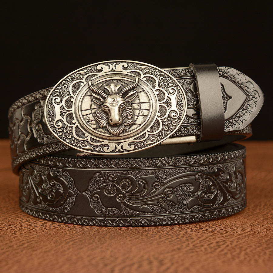 Antique Goat Waist Buckle Cowboy Leather 3D Manual Engraved Belt
