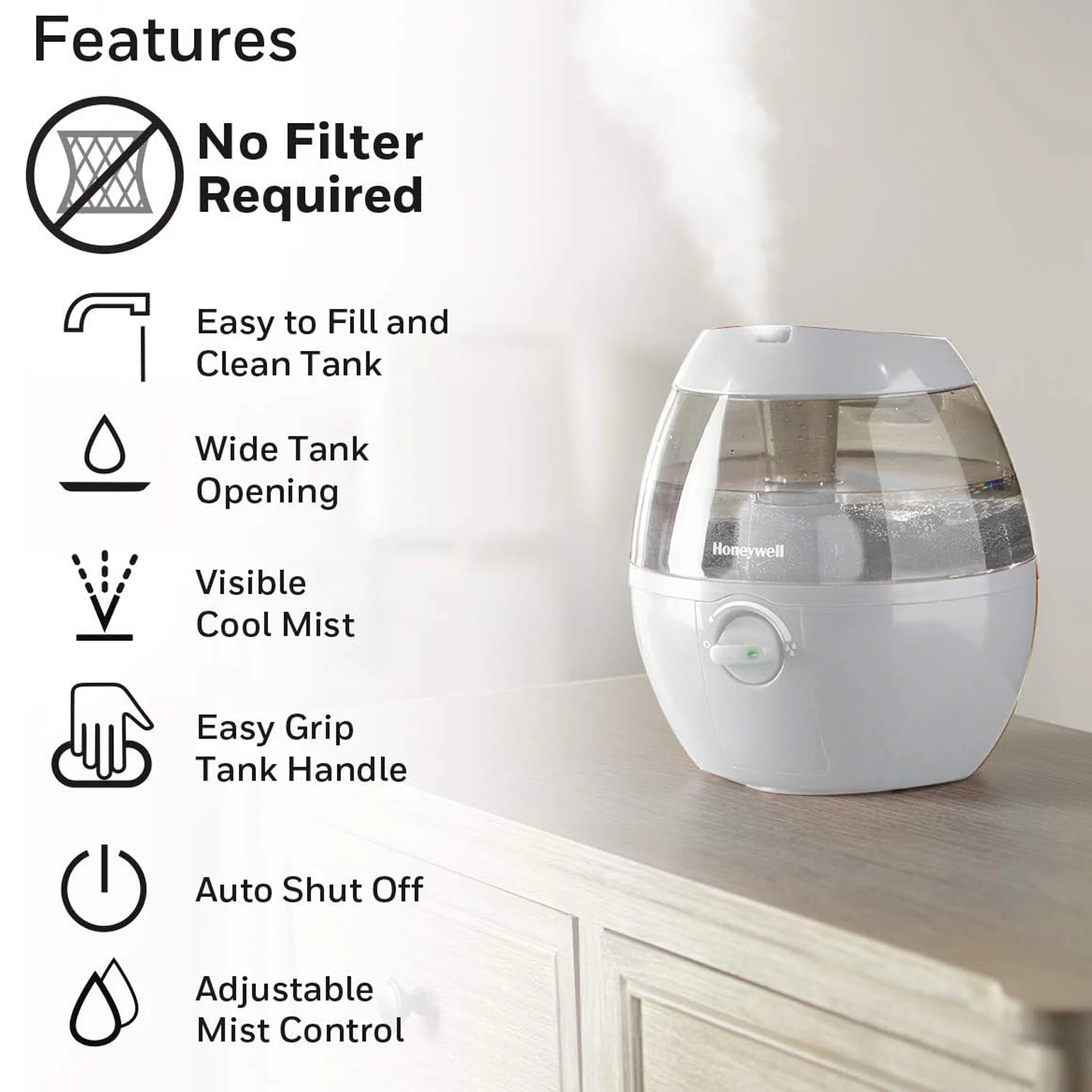 Honeywell MistMate Ultrasonic Cool Mist Humidifier, White, .5 Gallon