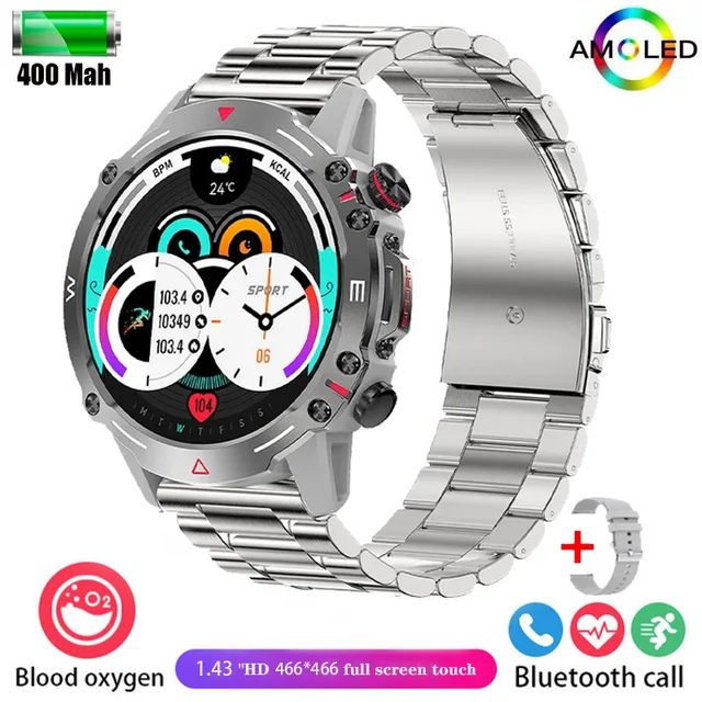 New Men's HD Bluetooth Talk 1.43-inch AMOLED Smartwatch Blood Pressure Monitor IP68 Waterproof Men's Smartwatch for Android iOS
