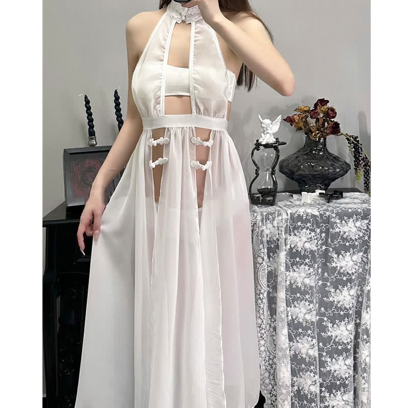 Hollow out See-through Pearl String Slit Lingerie Dress