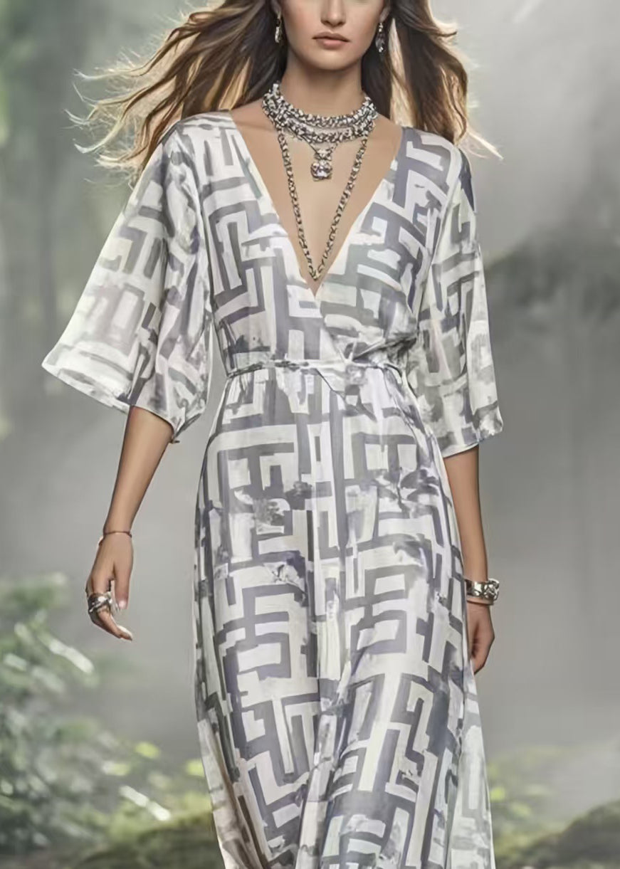 DIY Grey Print Silk Ankle Dress V Neck Summer