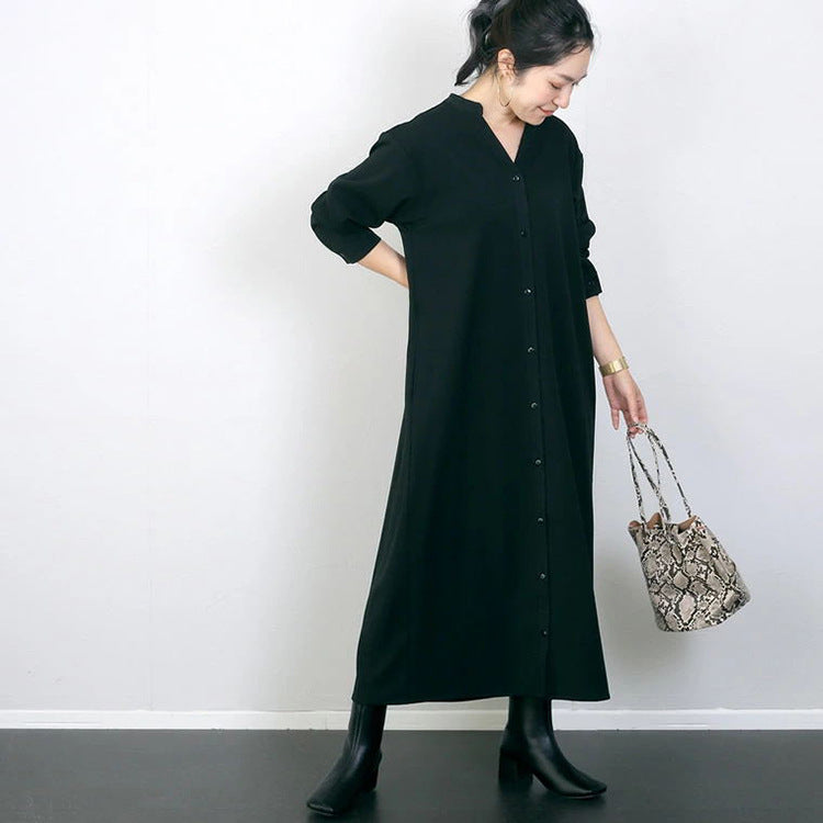 Autumn Winter Shirt Base Dress Women Solid Color Loose Casual V neck Maxi Dress