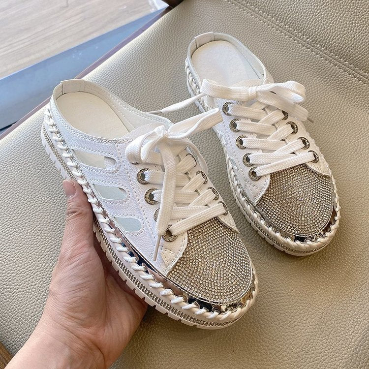 New Flat Platform Half Slippers Bling Mules Crystals Lace-Up Shoes