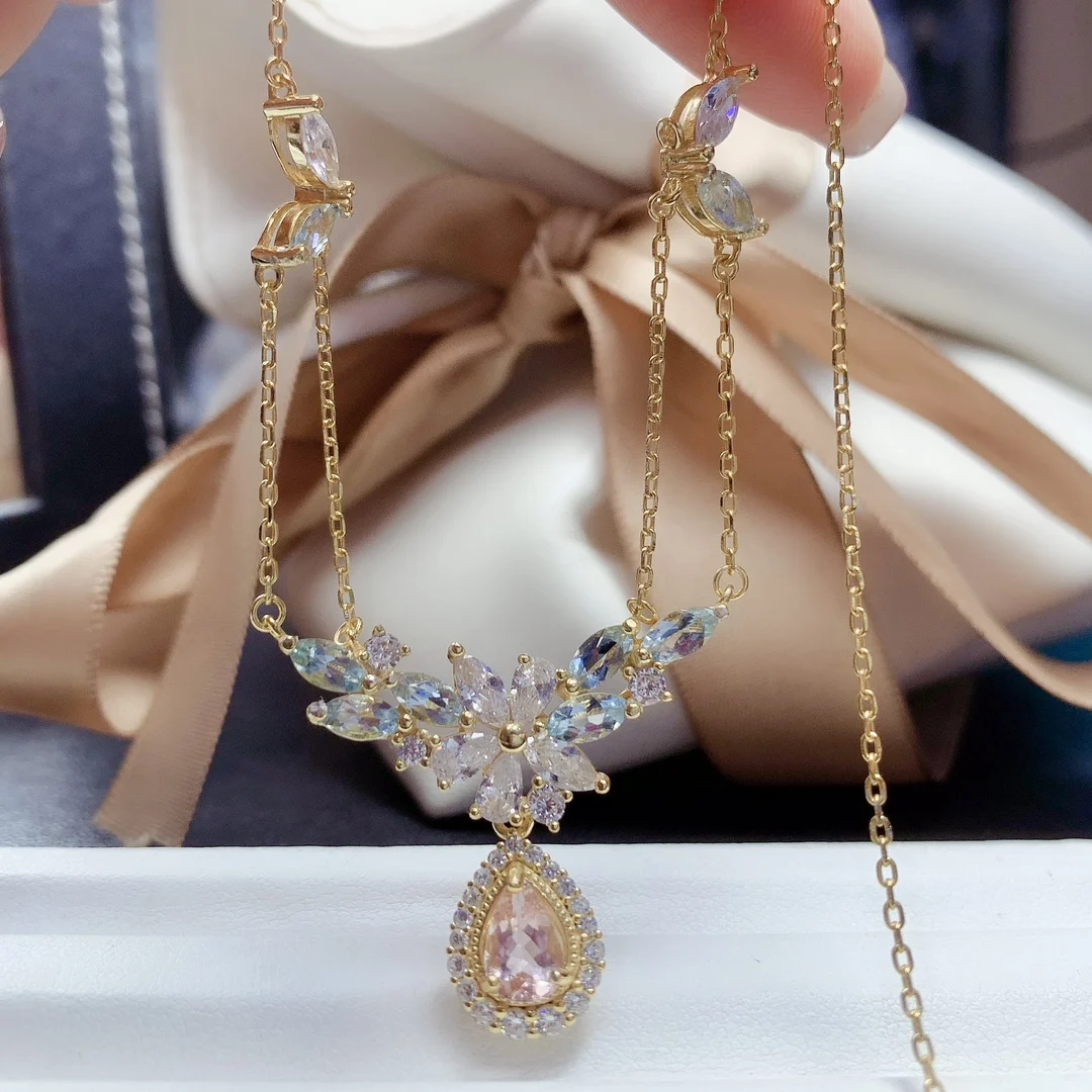 925 Sterling Silver Natural Morgan Stone Aquamarine Necklace Jewelry Pure Beauty Women's luxury Jewelry Certified boutique