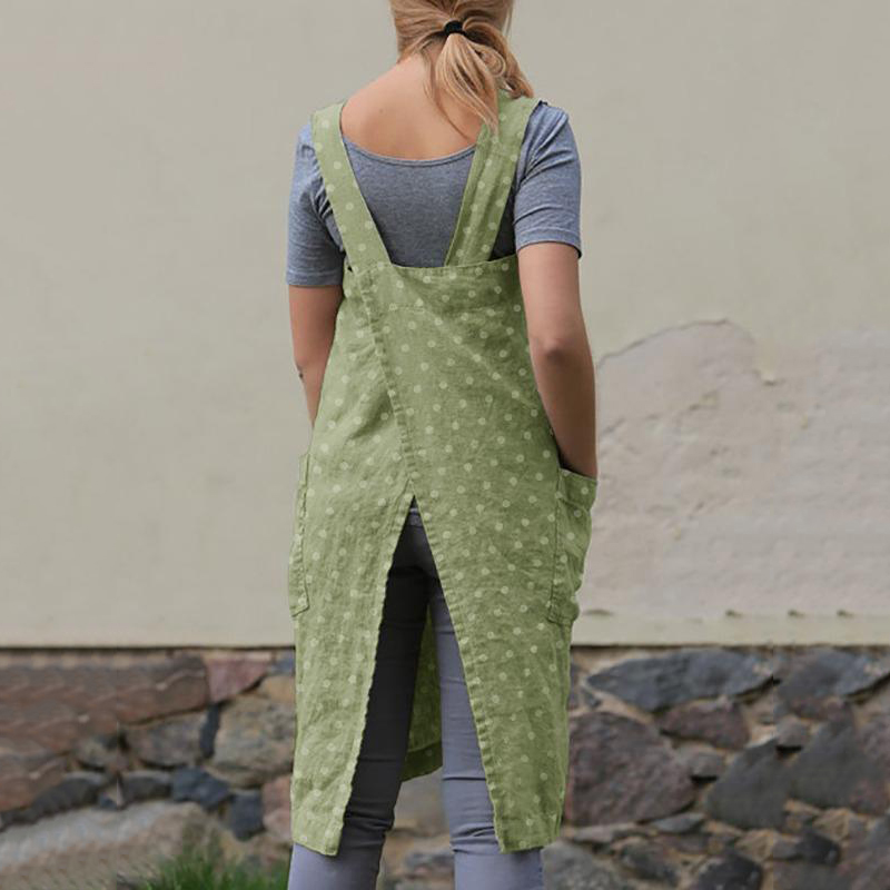 Pocket Polka Dot Cotton And Linen Strap Apron Dress