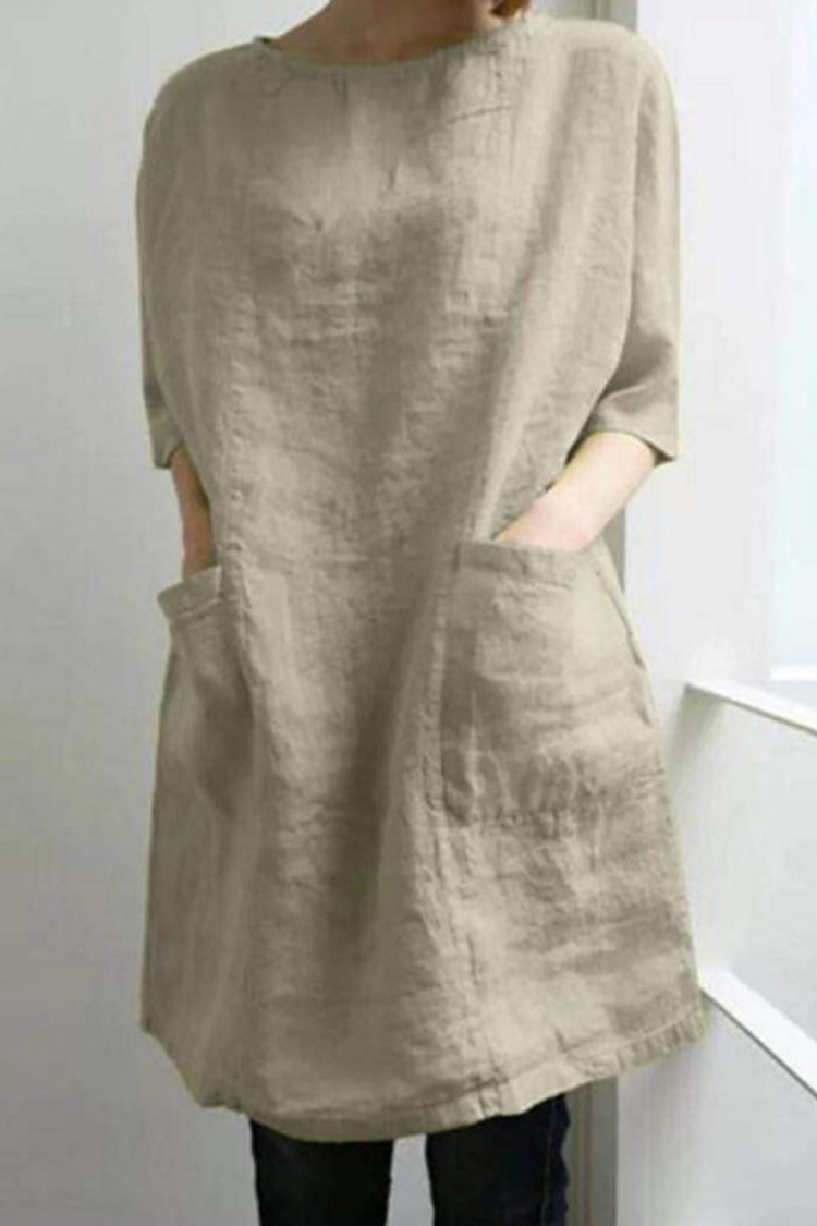 Vintage Plain Round Neck Pocket Short Sleeve Mini Dress