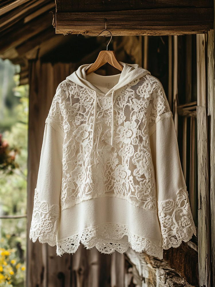Women's Retro Floral Lace Embroidery Patchwork Art Hoodie
