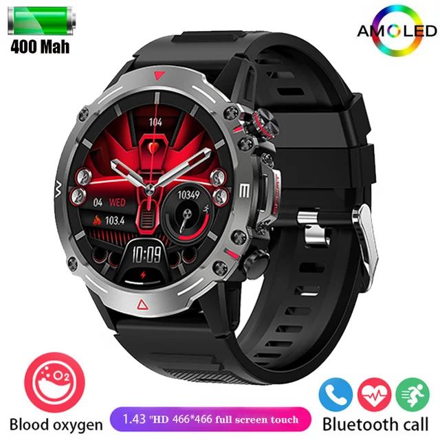 New Men's HD Bluetooth Talk 1.43-inch AMOLED Smartwatch Blood Pressure Monitor IP68 Waterproof Men's Smartwatch for Android iOS