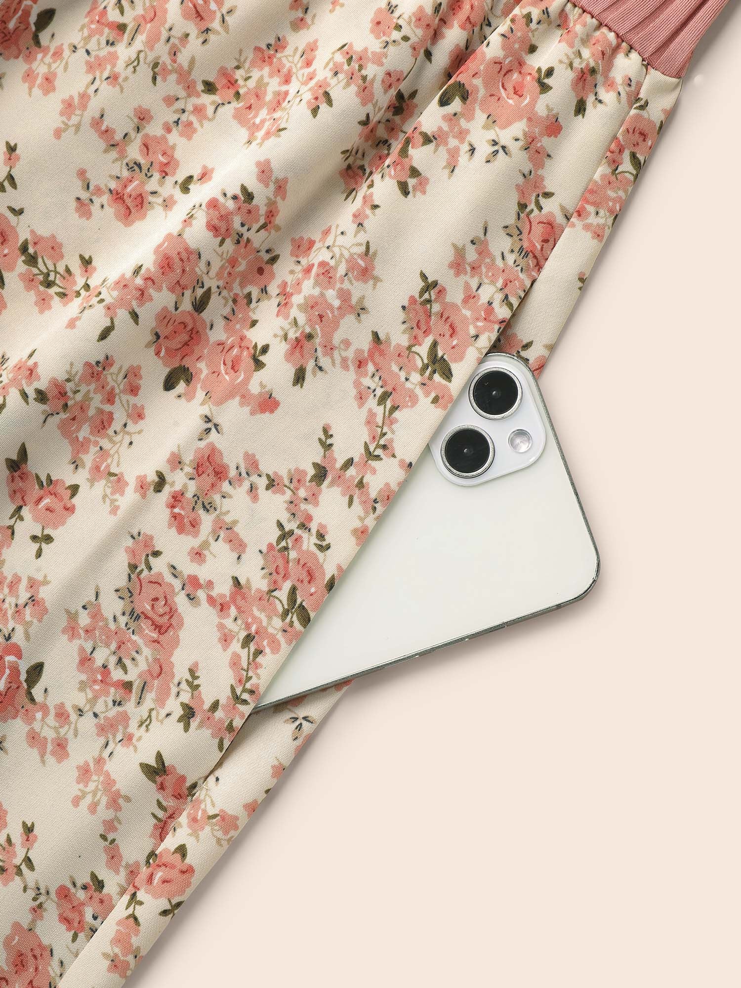 Floral Color Contrast Ribbed Pockets Maxi Dress