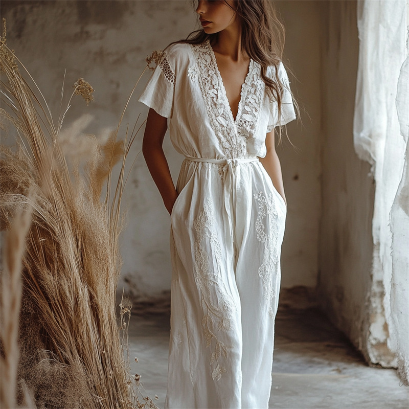 Boho Floral Embroidered Lace Flowy Wide Leg Jumpsuit