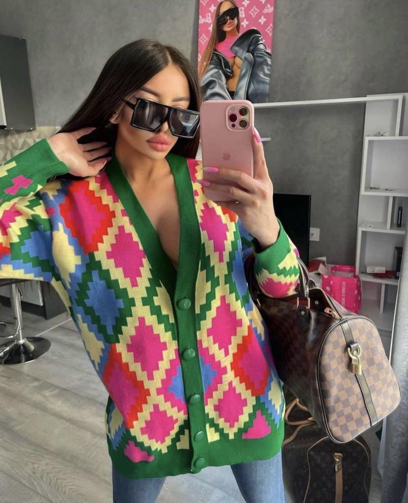 Loose Knitted Geometric Cardigan Sweater Coat