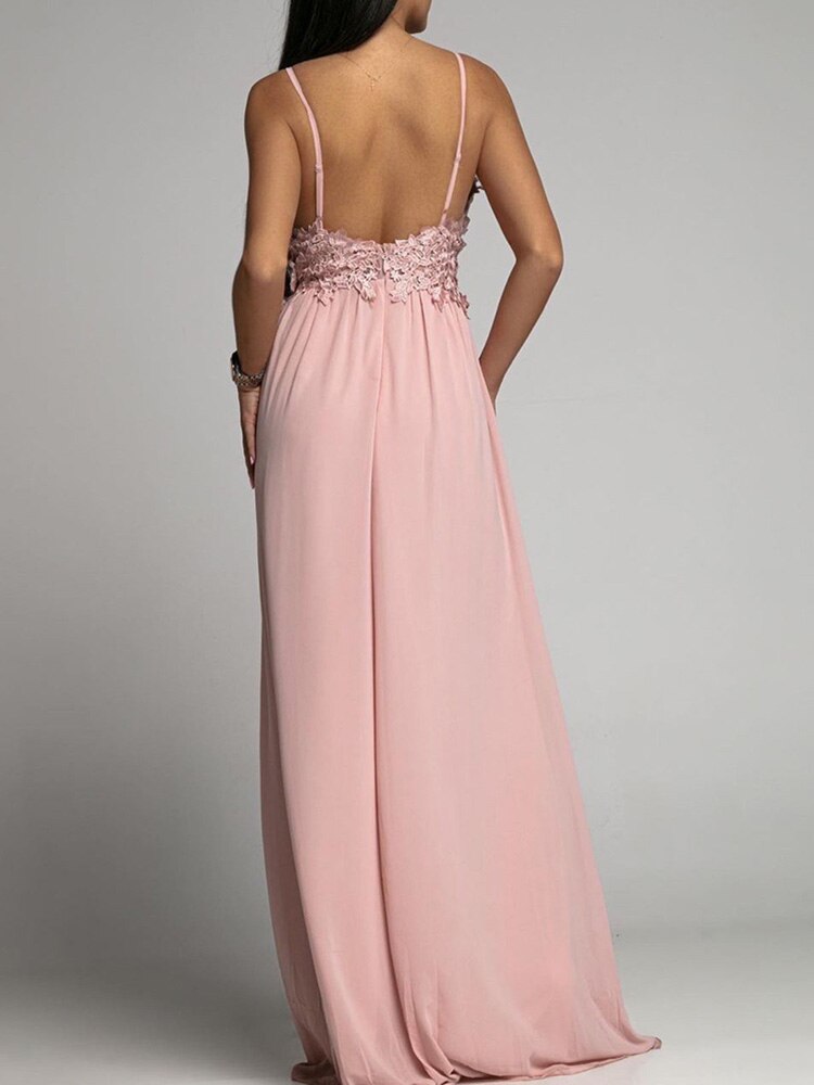 Women Loose Spaghetti Strap V Neck Casual Dress Solid Ruffles Long Dress Maxi Dresses