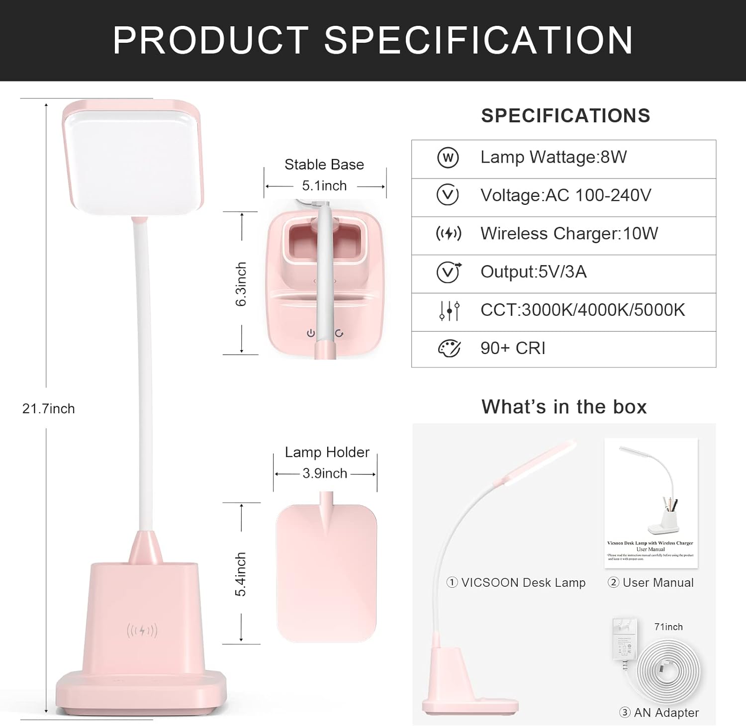 Desk Lamp with Wireless Charger, LED Desk Lamps for Home Office, 800 Lumens, Small Desk Lamp with Pen Holder, Flexible Arm, 3 Modes, Dimming, Touch Lamp for College Dorm Room