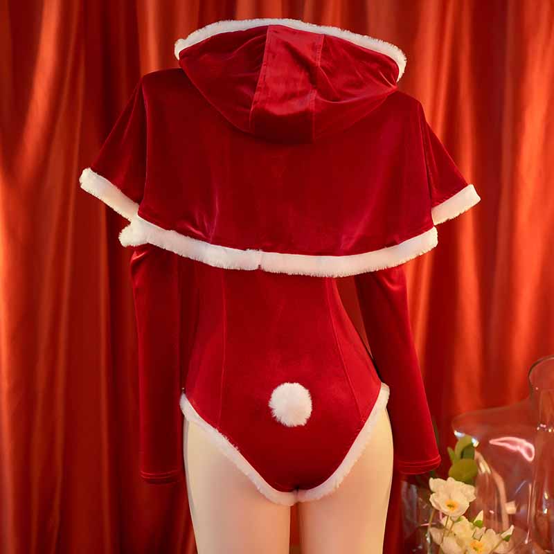 Christmas Fuzzy Ball Hooded Cloak Jumpsuit Lingerie Set