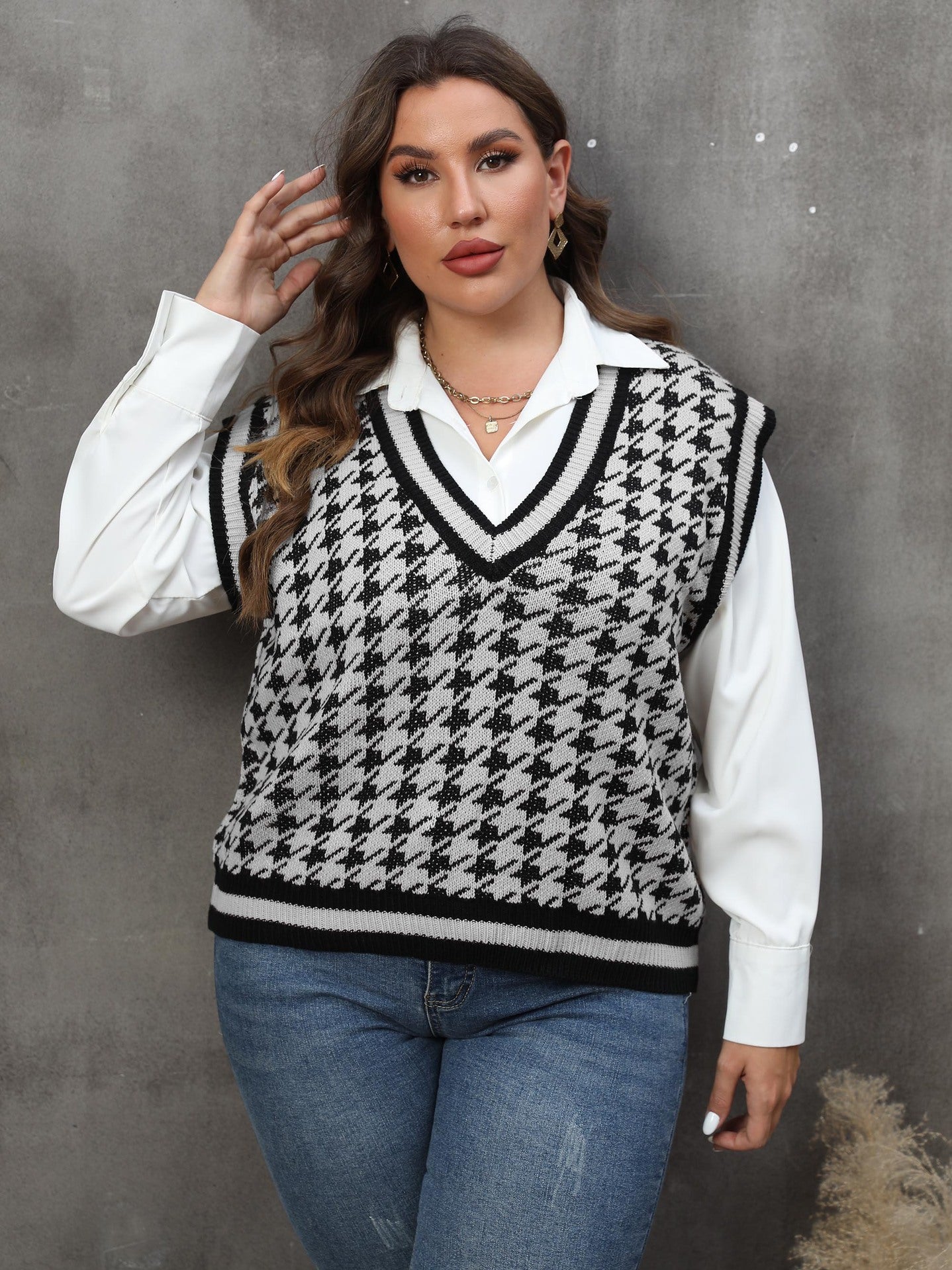 Plus Size Women Clothes Striped Color Contrast Patchwork Houndstooth Casual Vest Vest Top