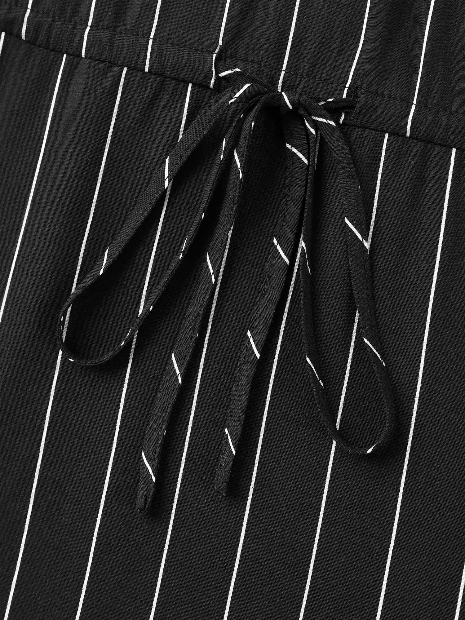 Striped Waist-Tie Pockets Blouse