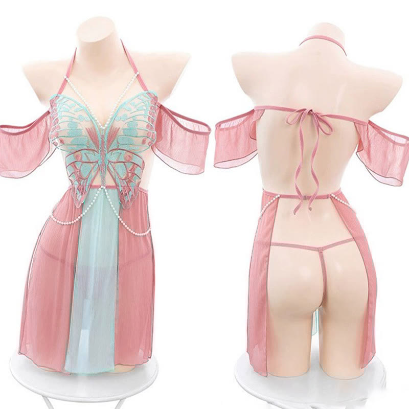 Vintage Butterfly See-through Chain Split Lingerie Dress