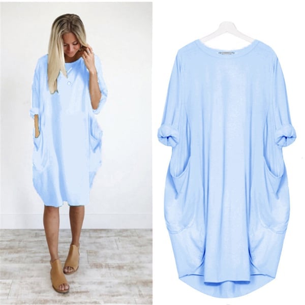 💝17 Colors Women Casual Loose Pocket Long Sleeves Dress