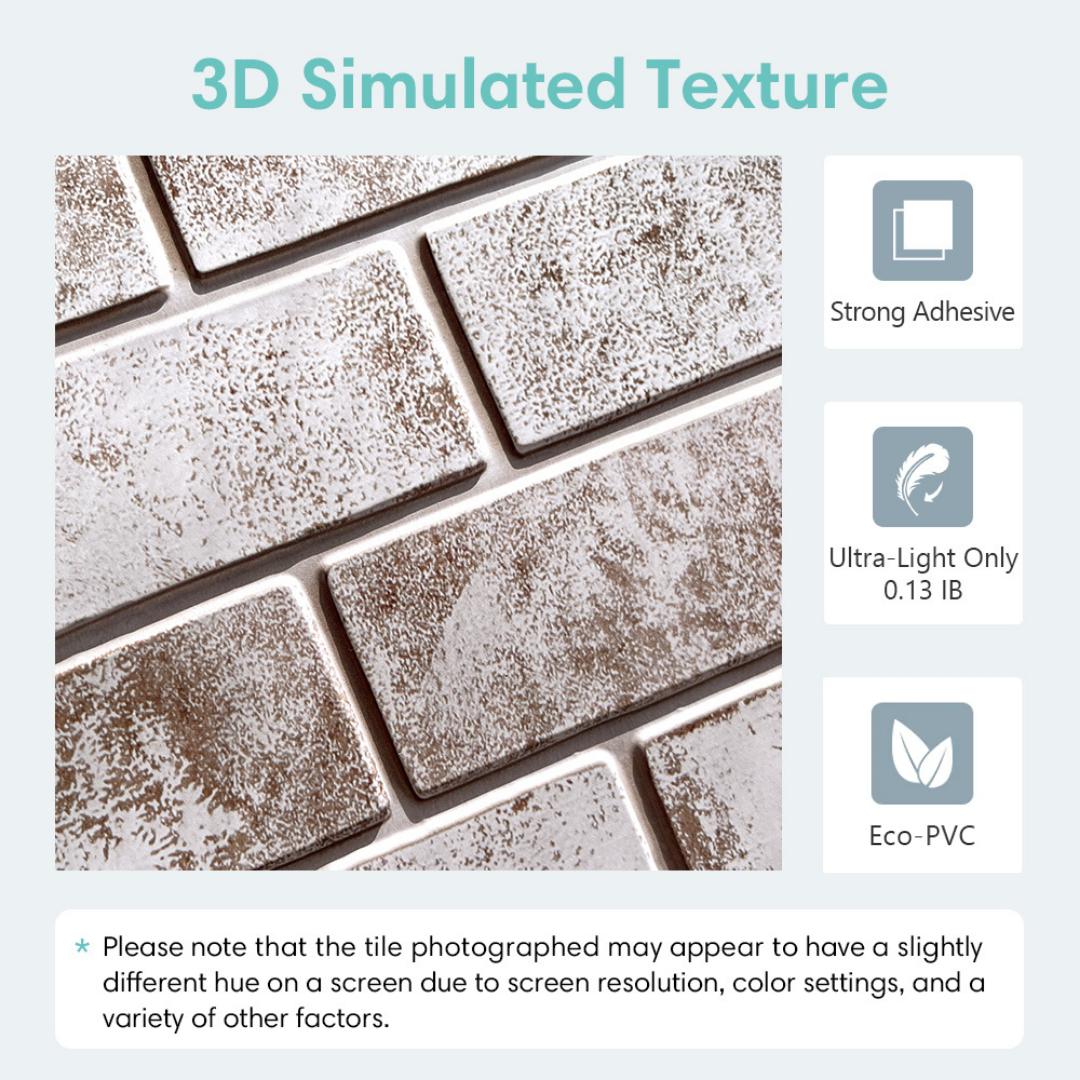 3D Whitewash Faux Brick Peel and Stick Wall Tile