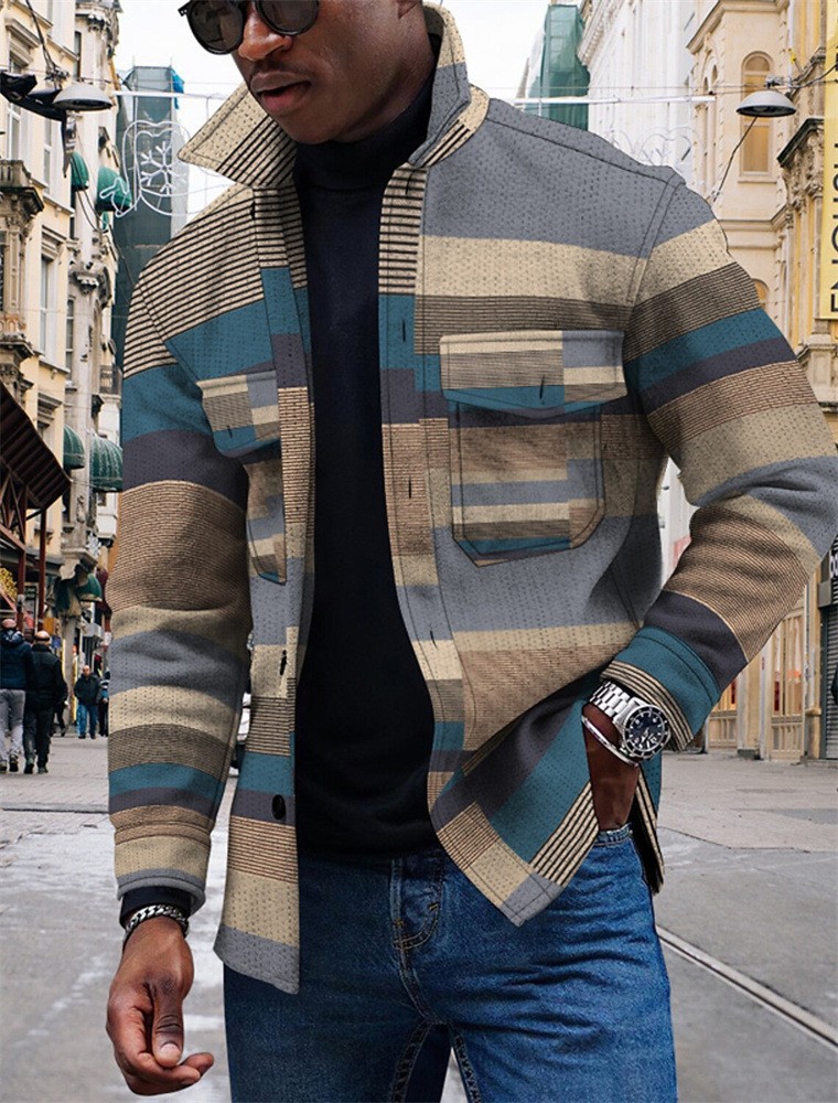 Men's casual gray khaki striped print long sleeve jacket