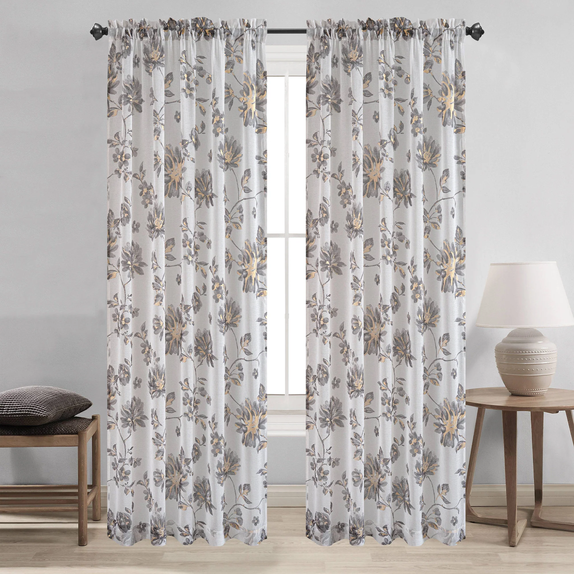 Anna Sheer Metallic Floral Rod Pocket Window Panel & Waterfall Valance, All Sold Separately