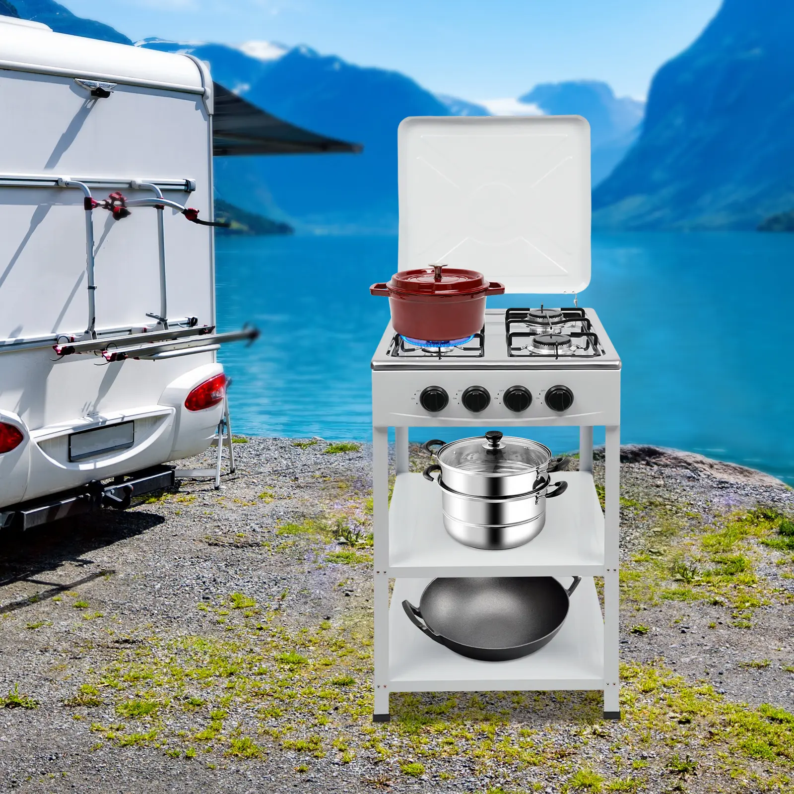 4 Burner Freestanding Gas Stove NG LPG Outdoor Camping Portable Cooktop with 4 Knobs Manual Ignition for RV Travel Emergency Preparedness Family Use