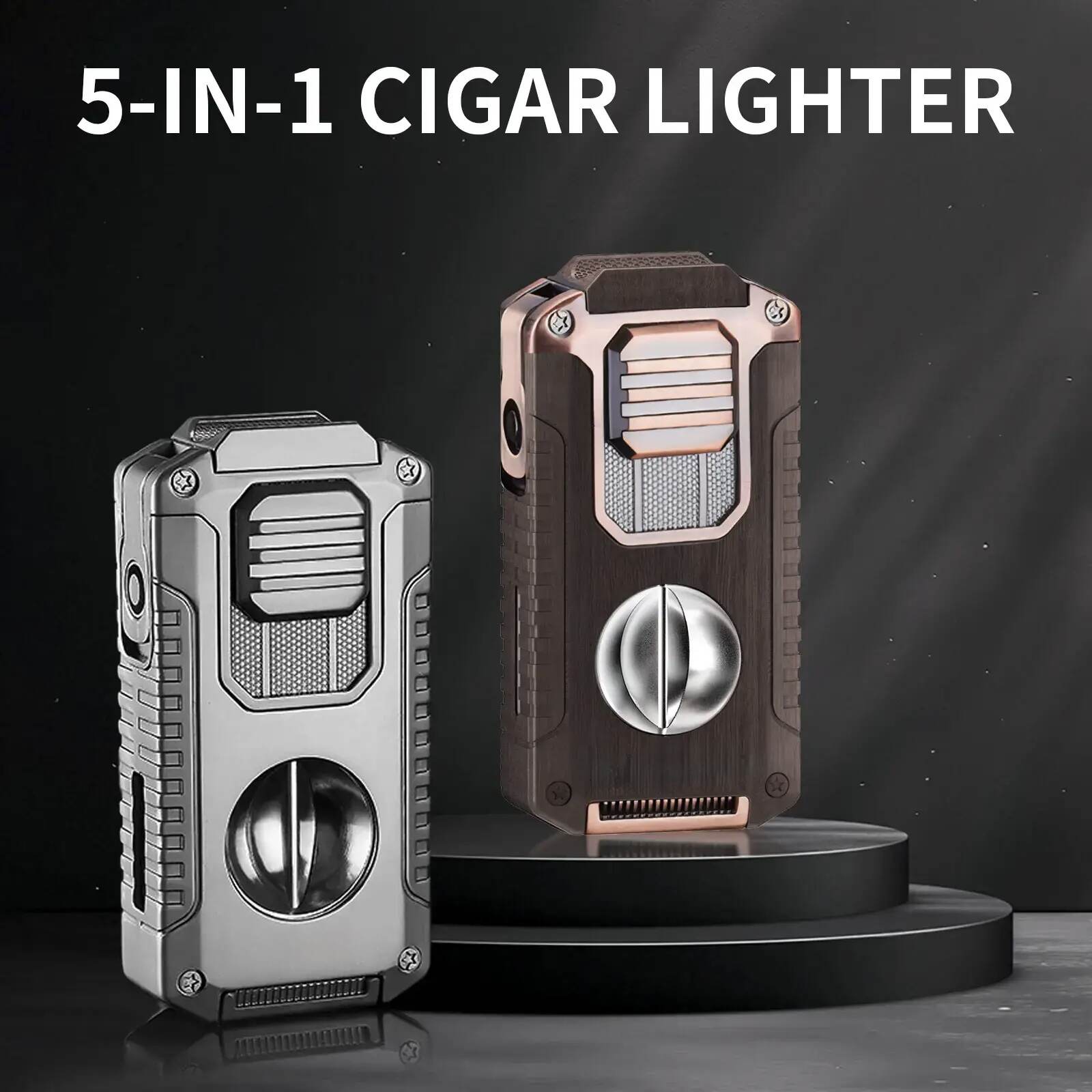 5-in-1 Butane Torch Lighter, Refillable Jet Flame Lighter with V-Cutter, Punch, Holder and Draw Tool, Multi-Functional Accessories Gift for Men, Dad, Husband, Friend