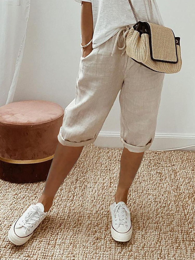 Solid Color Side Pockets Drawstring Casual Pants