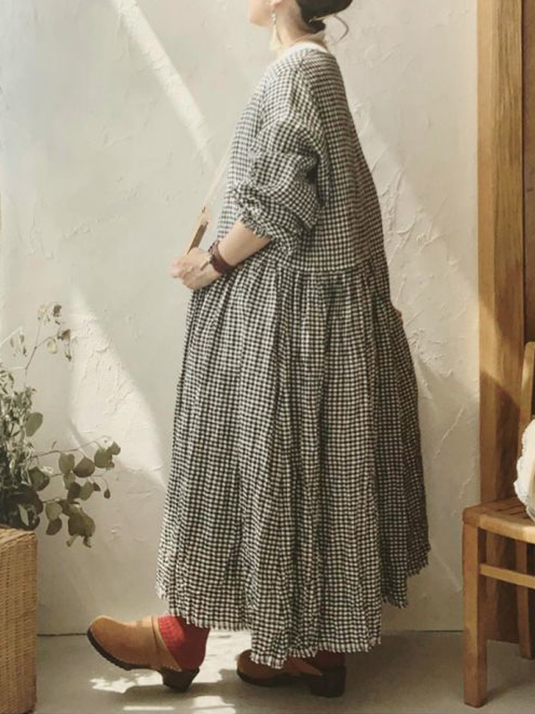 Vintage Checkered Long Sleeve Cotton Linen Midi Dresses