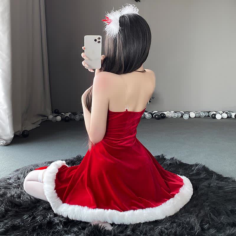 Fluffy Hem Slip Lingerie Dress Stockings Set