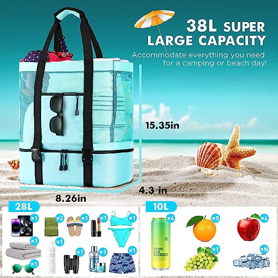 (🔥Last Day Promotion-SAVE 50% OFF)👜2-in-1 Portable Mesh Beach Tote Bag with Detachable Cooler🏖️BUY 2 GET 10% OFF & FREE SHIPPING！
