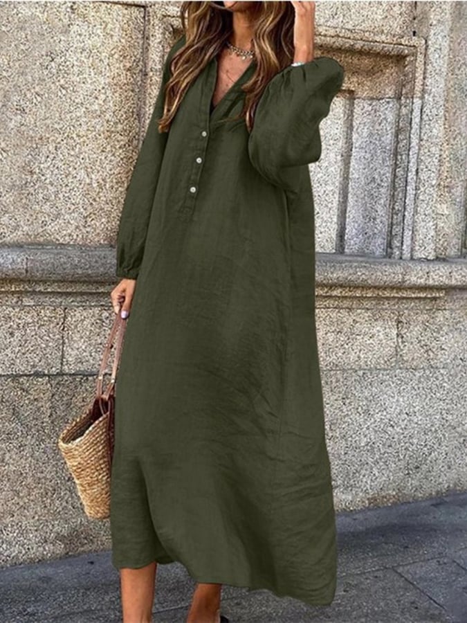 Solid Color Long Sleeve V Neck Button Long Dress