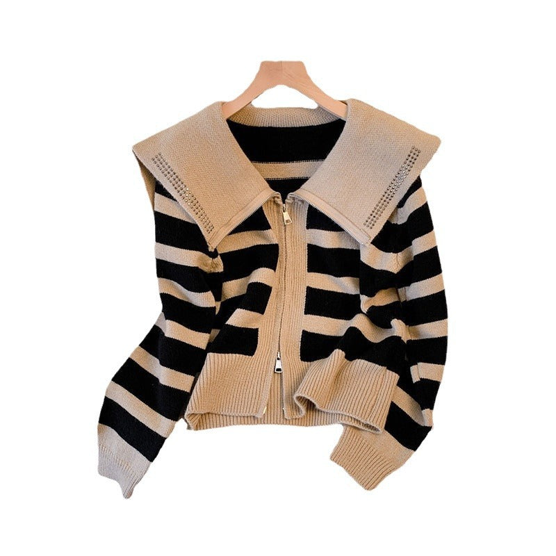 Sailor Collar Striped Sweater Coat with Niche Design and Hot Drilling Details