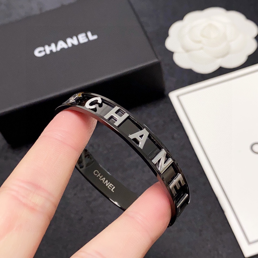 Chanel engraved letter charcoal black bracelet