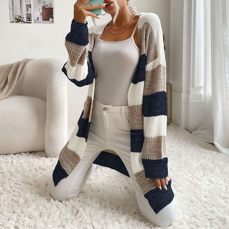 Graceful and Fashionable Women's Colorblock Sweater Coat without Buttons