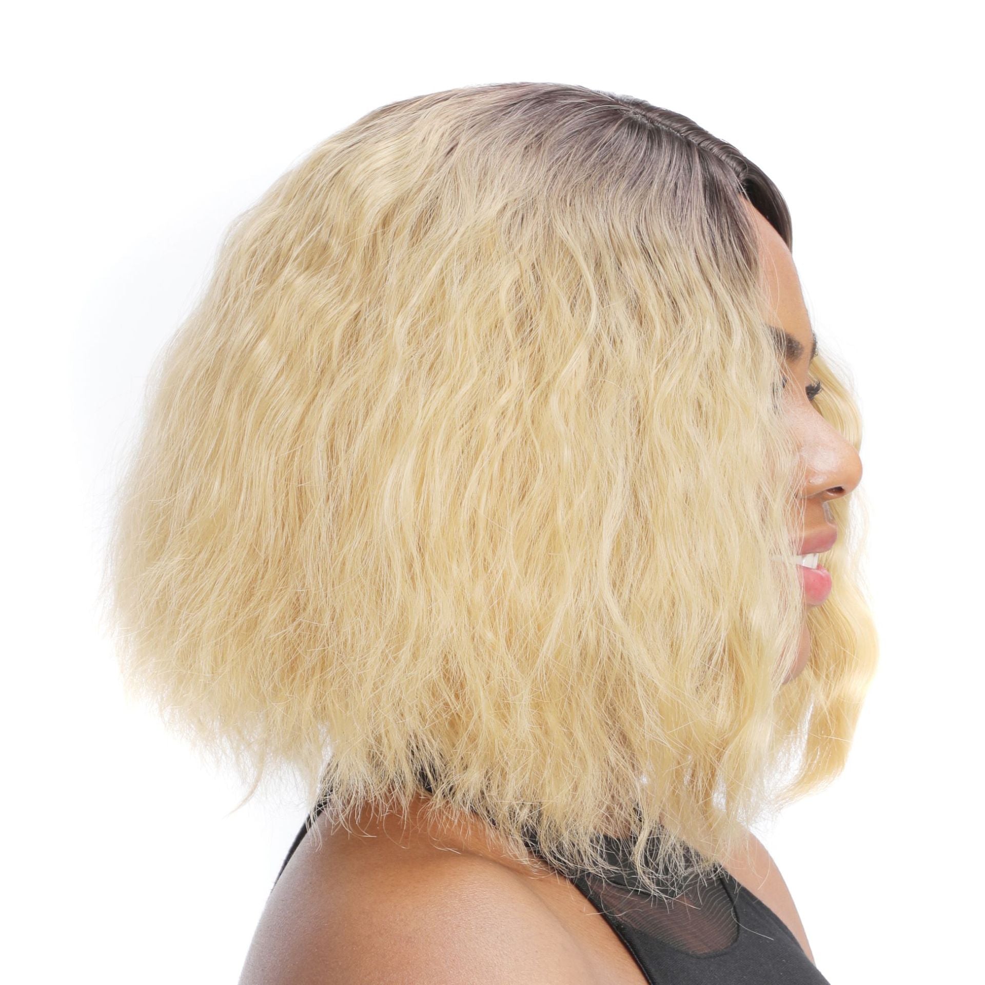 Short Bob Wavy Lace Front Wigs with Dark Root to Mixed Blonde