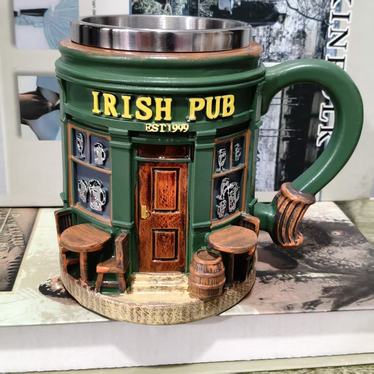 Irish pub-style resin and stainless steel mug, home decor craft ornament.