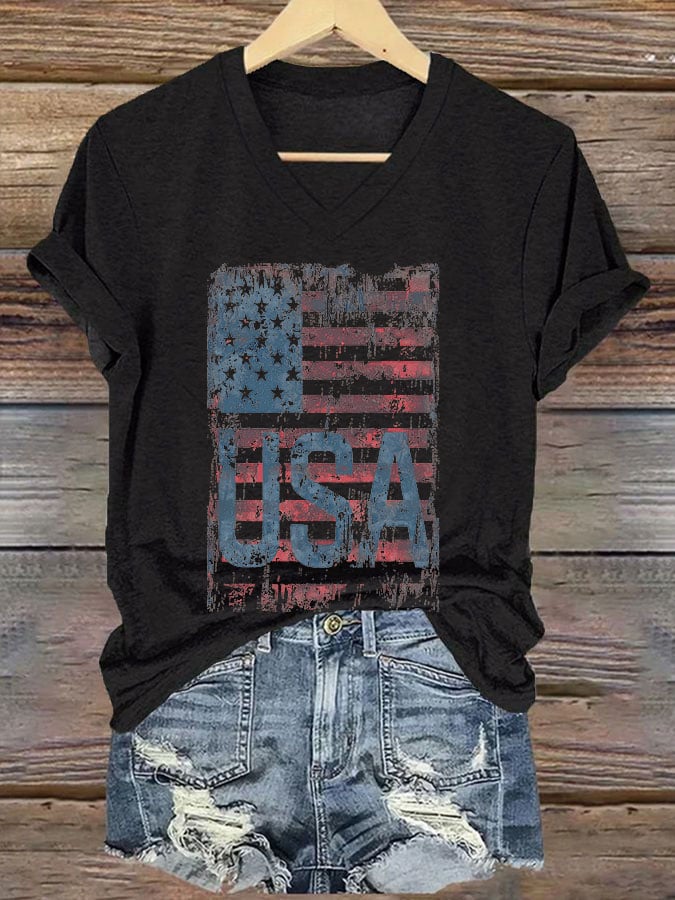 V-Neck Retro Independence Day Flag USA Print T-Shirt