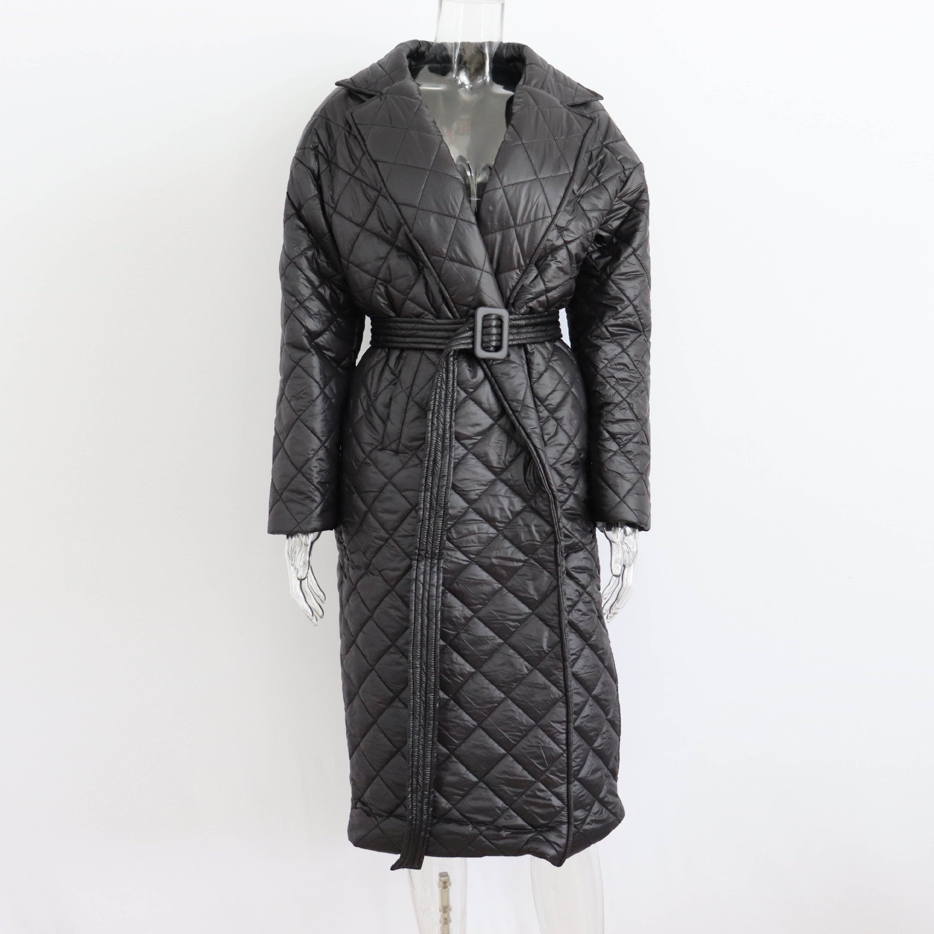 Warm Keeping Cotton Clothing Cotton Padded Coat for Winter Women Rhombus Cotton-Padded Jacket Waist Tight Long Cut Coat Plus Size Coat for Women