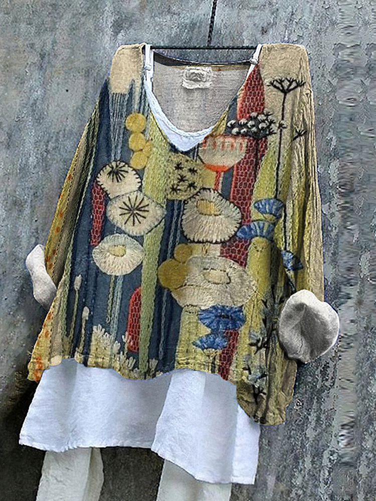 Floral Embroidered Japanese Art Linen Blend Tunic