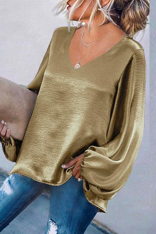 Heididress V Neck Lantern Sleeve Solid Loose Top