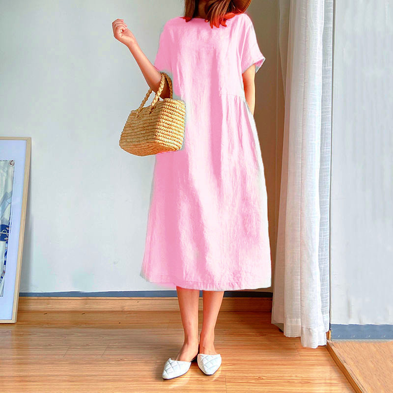 Casual Loose Short Sleeve Solid Color Midi Dress