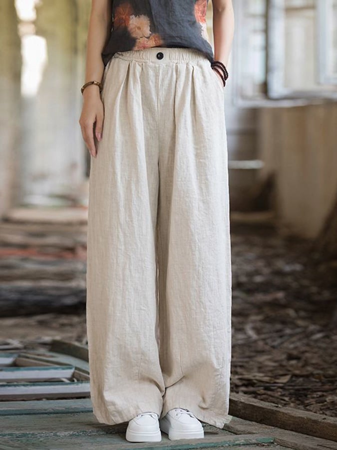 Women's Solid Color Loose Elastic Waist Casual Cotton And Linen Pants