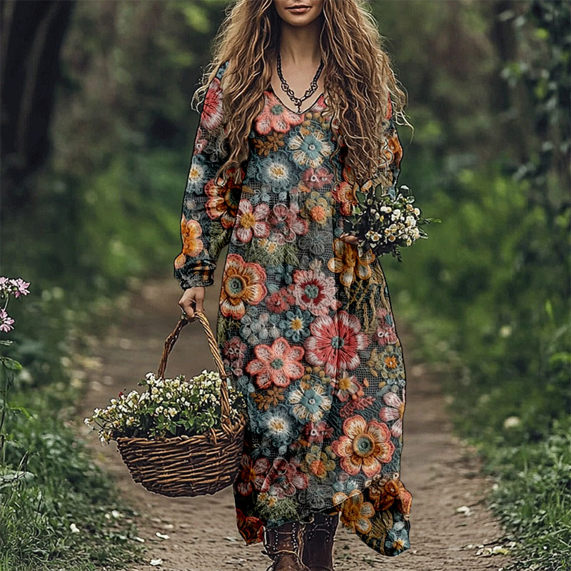 Vintage Boho Flowers Embroidered Linen Blend Maxi Dress