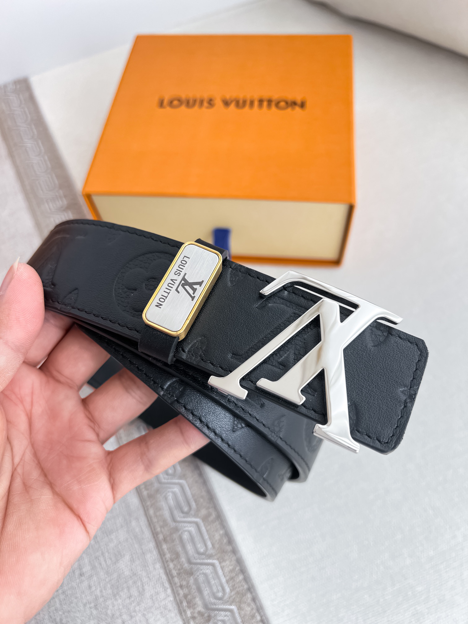 Louis Vuitton Black Printed Calfskin Men's Belt 3.8CM Width