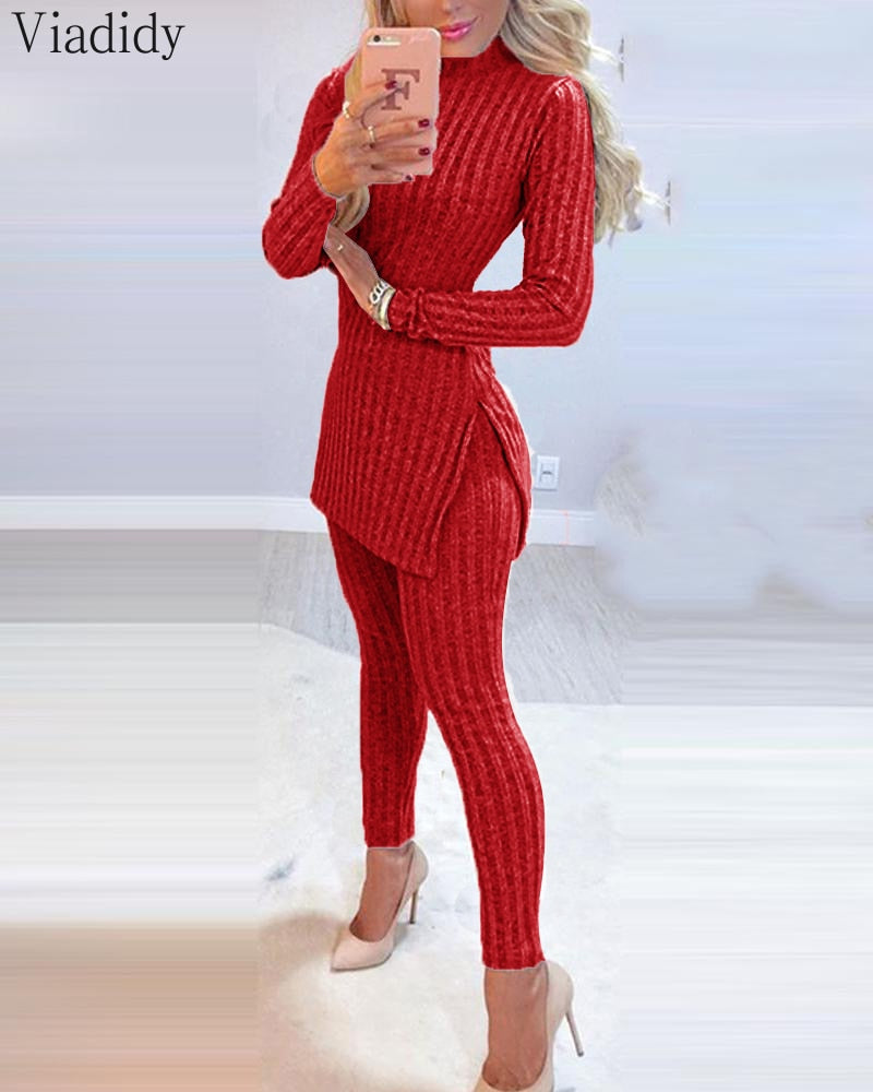 Women's 2-Piece Winter Suit with Long Sleeve Ribbed Slit Top and High Waist Knitted Pencil Pants