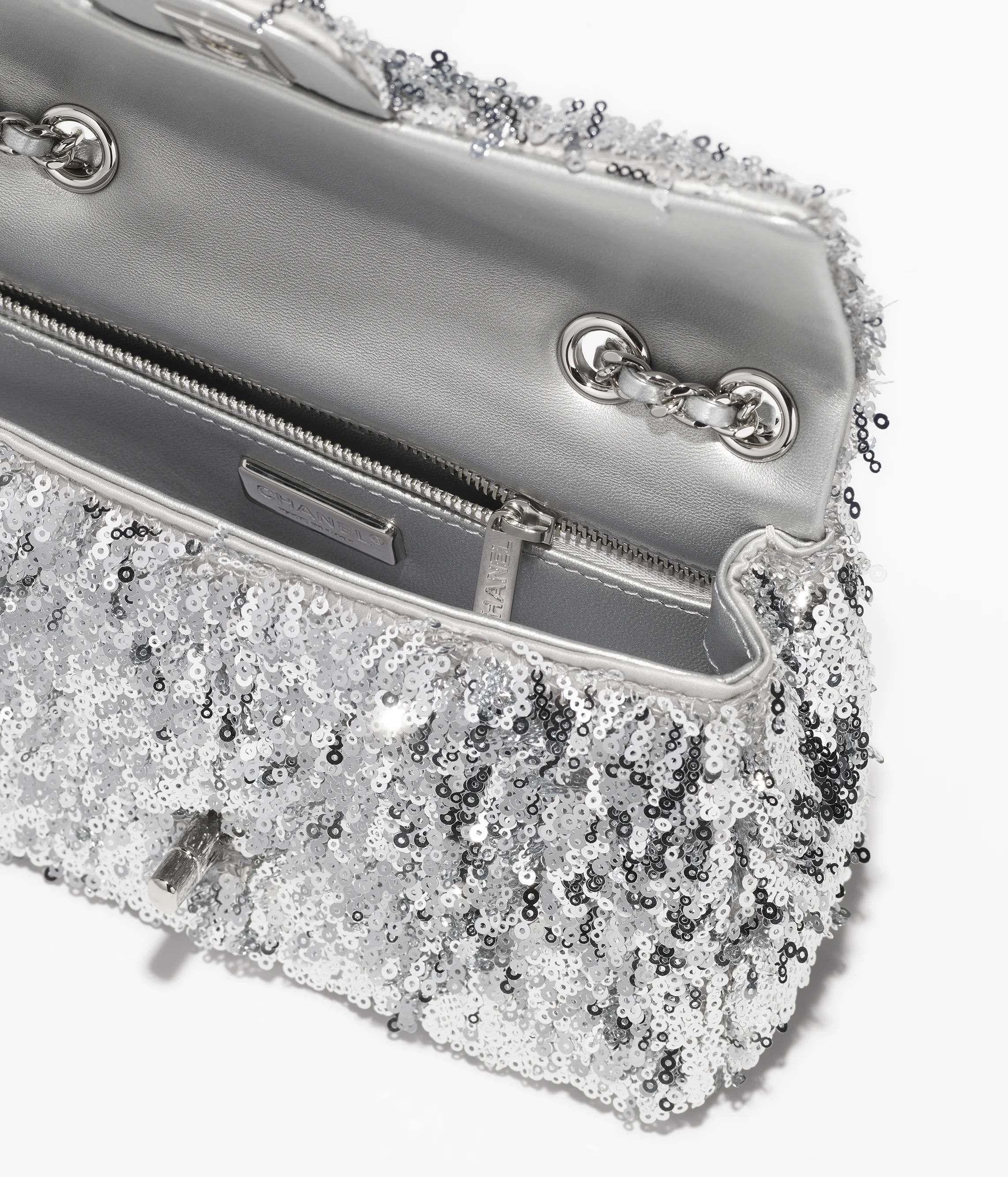 Chanel Flap Bag Fringed Sequins & Silver-Tone Metal Silvery AS4561-B20410-U0888