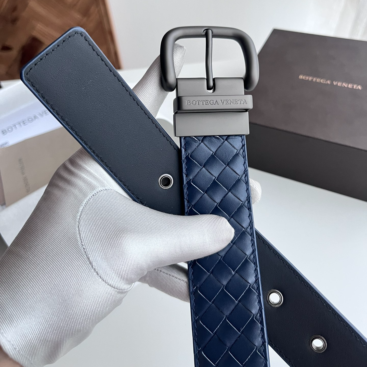 Bottega Veneta intreccio woven cowhide double-sided belt width 4.0cm
