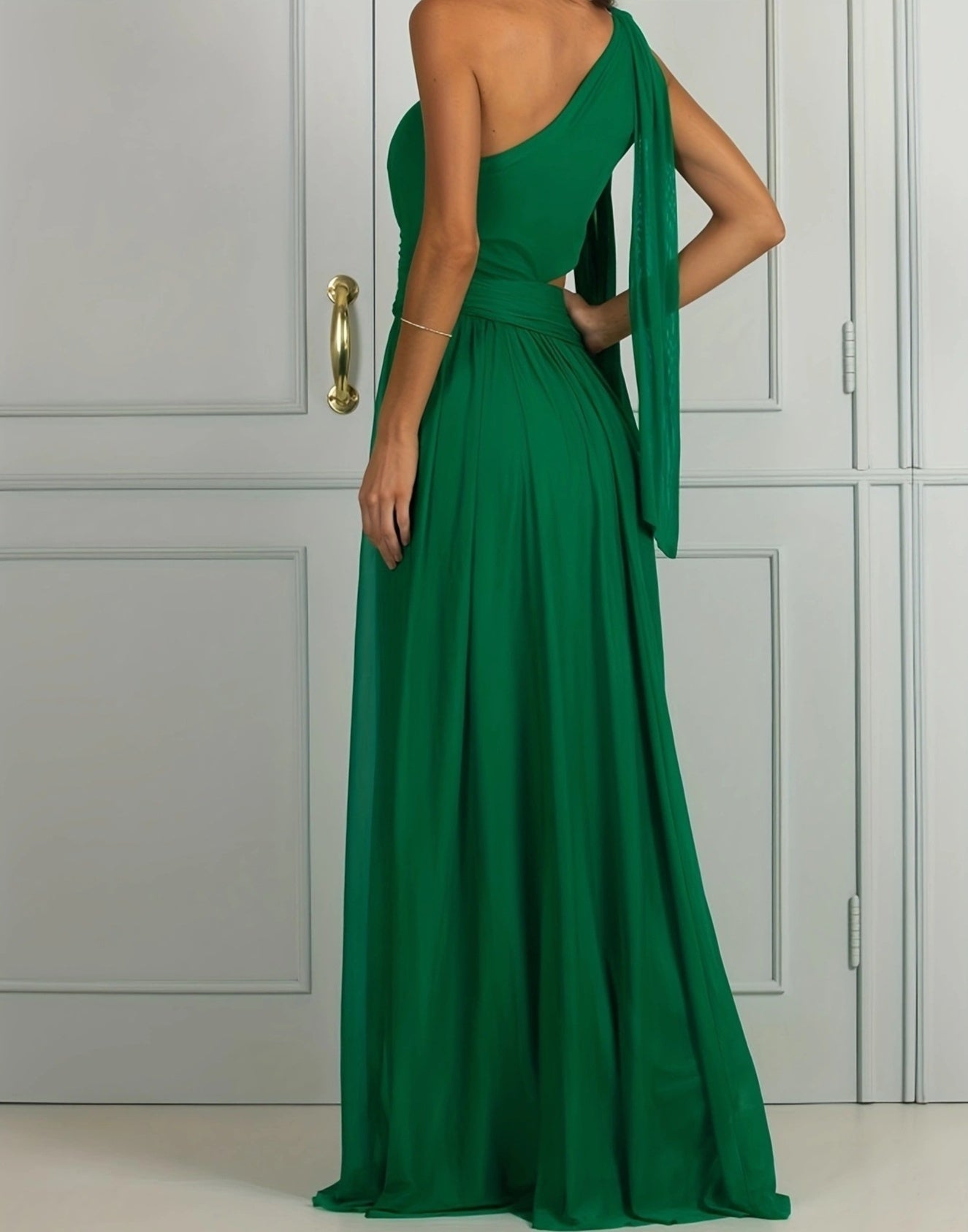 Elegant Solid Color One-Shoulder Midriff Dress for Spring and Summer – Slim Fit Long Dress